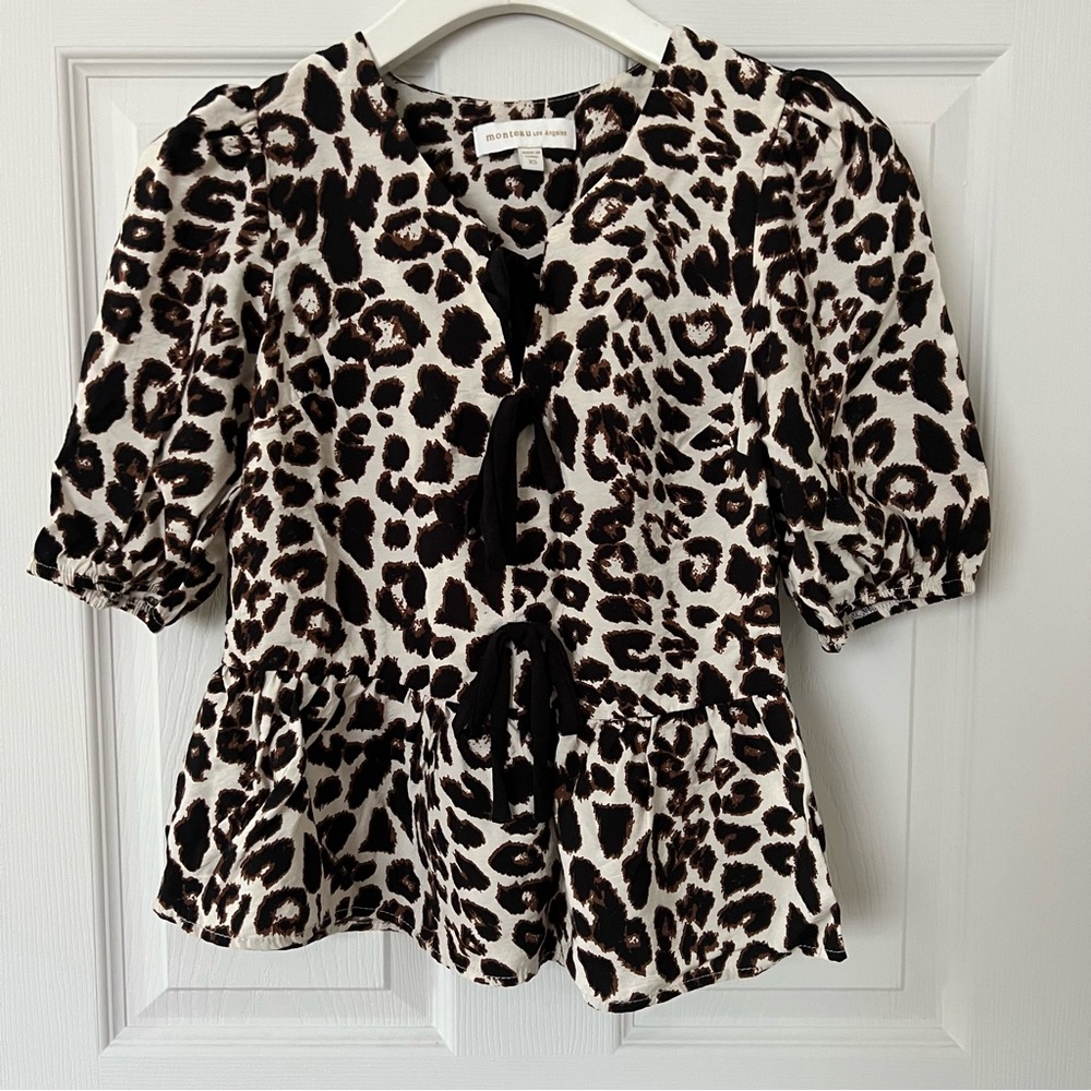 Monteau Animal Print Tie-Front Peplum Blouse XS